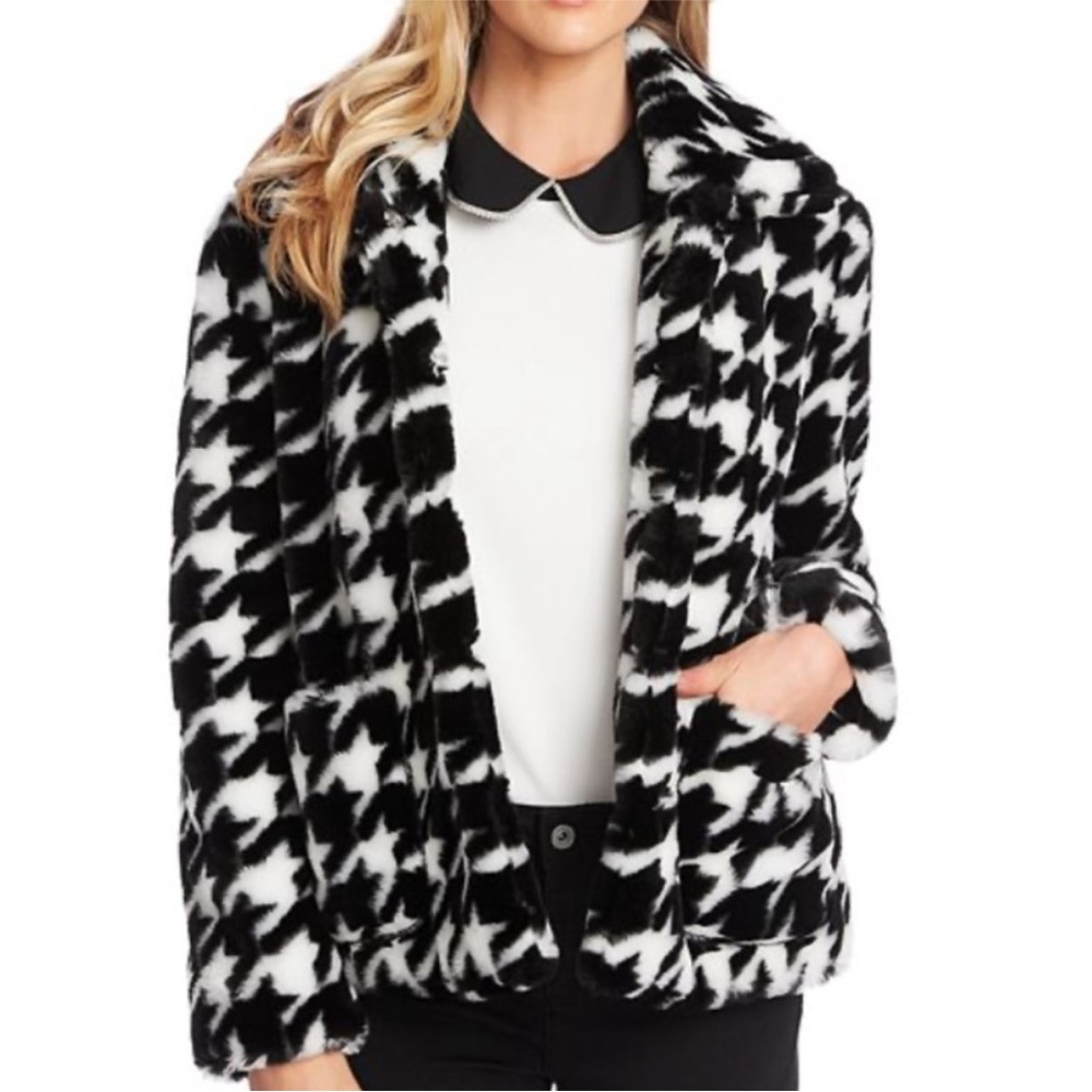 CeCe L'amour Women's Size M faux-Fur Houndstooth-Print Jacket, Black, NWOT